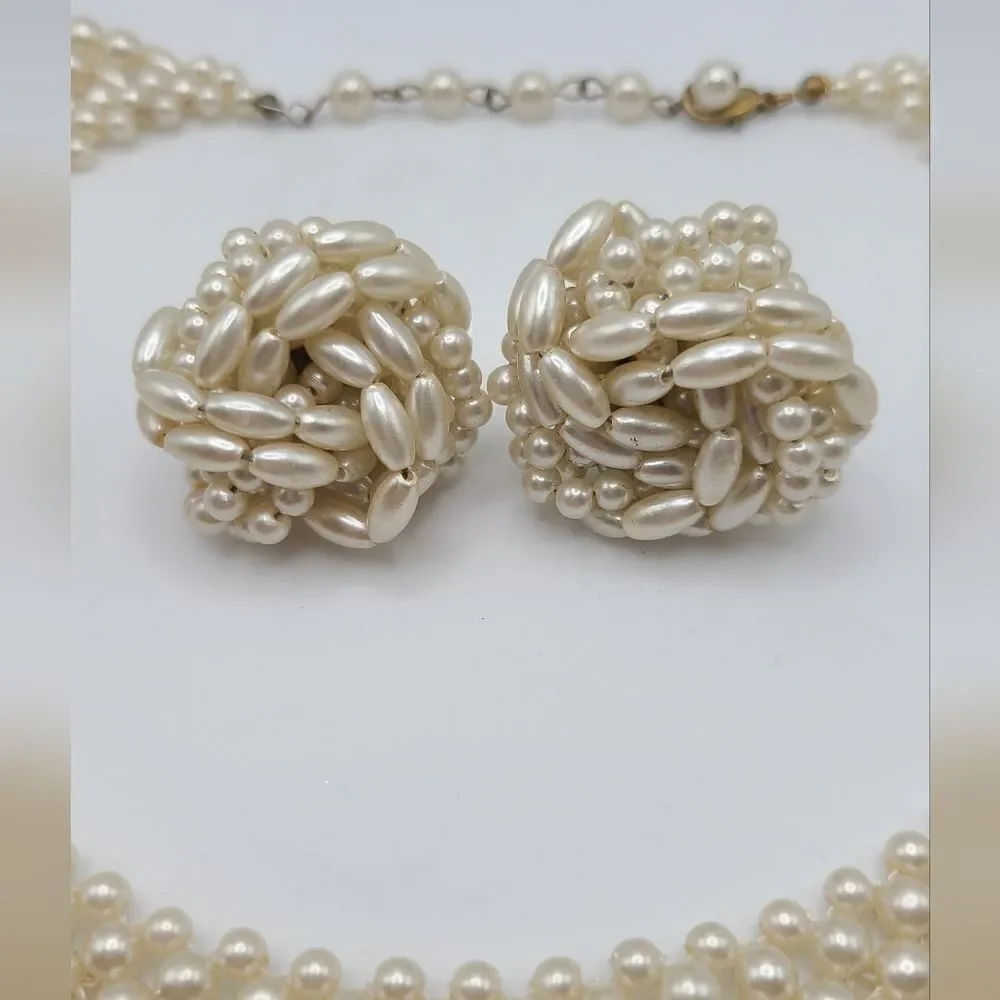 Vintage Bib collar necklace and matching earrings,  faux pearl